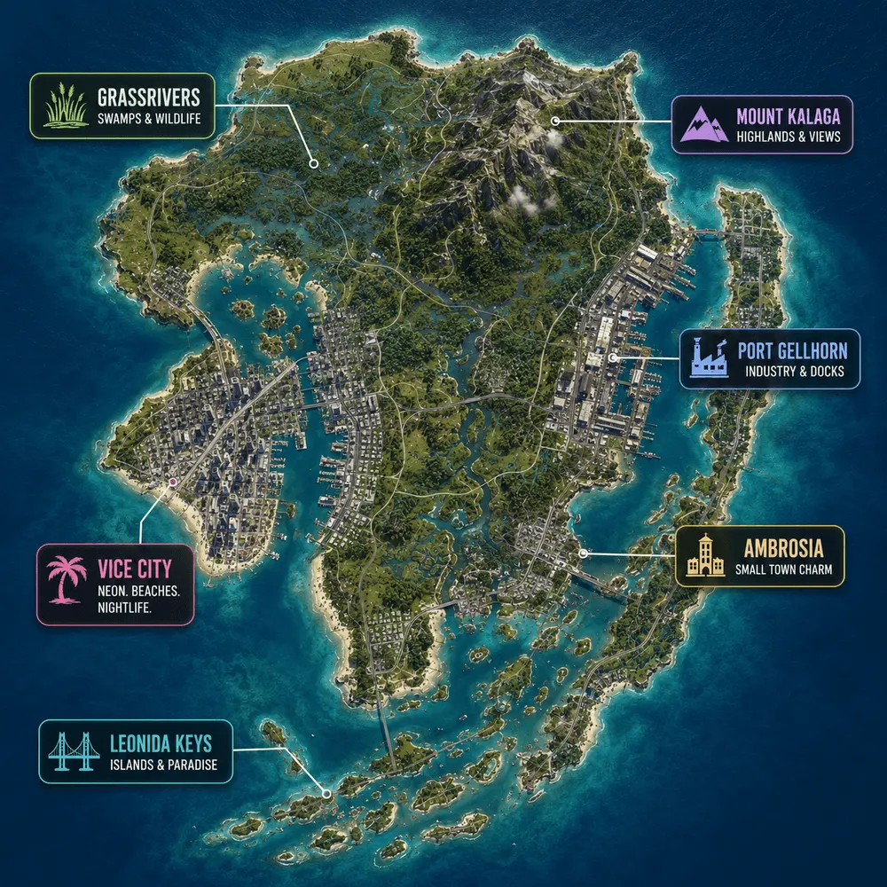 Mapa de GTA 6 de Leonida: Vice City, Port Gellhorn, Mount Kalaga, Grassrivers, Ambrosia e Leonida Keys